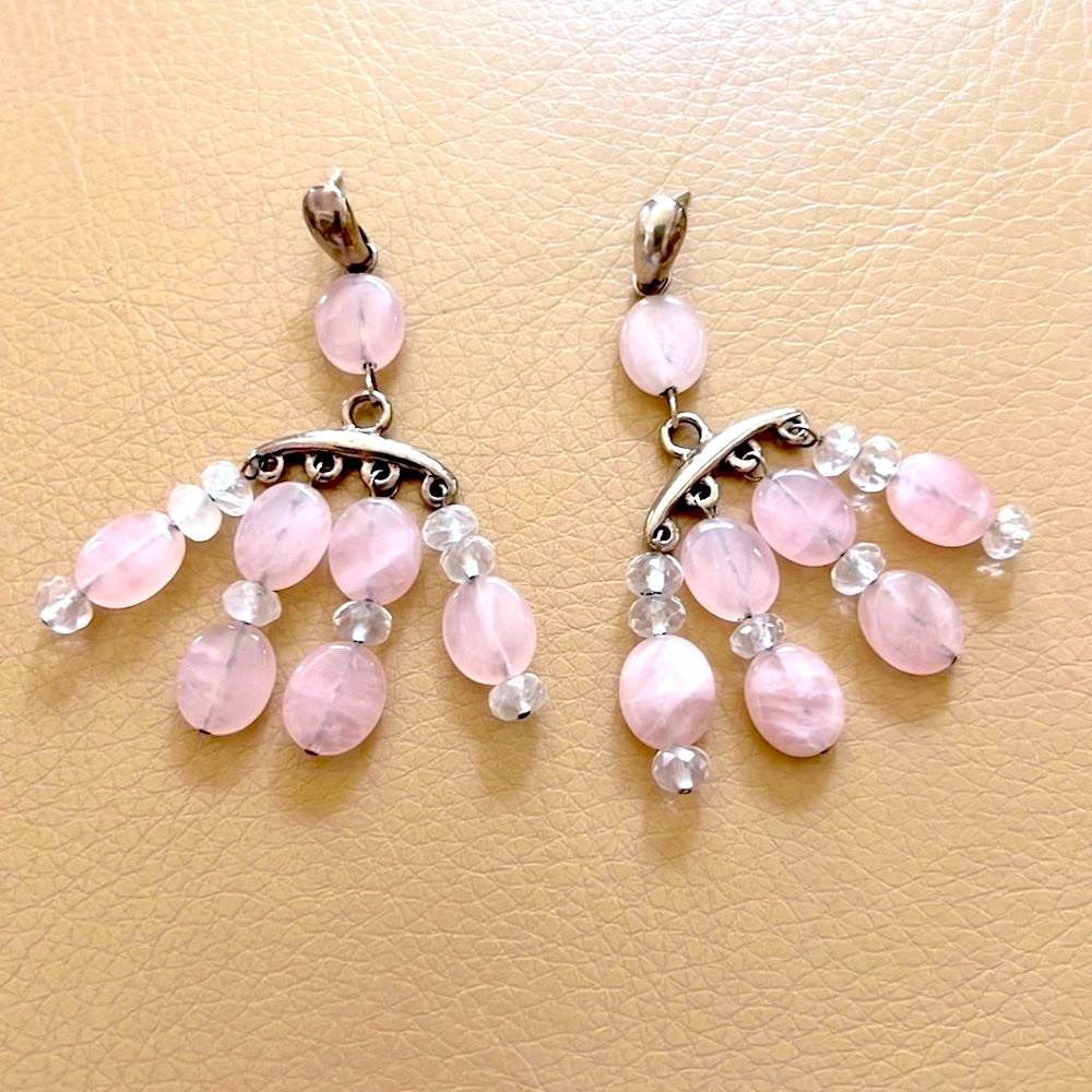 Sterling Silver Rose Quartz Pink Stone Chandelier Dangle Statement Earring VTG